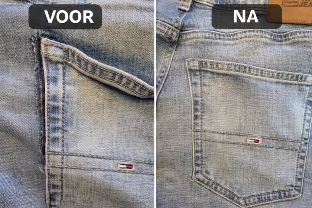 Voor en na: herstelde achterzak van een spijkerbroek